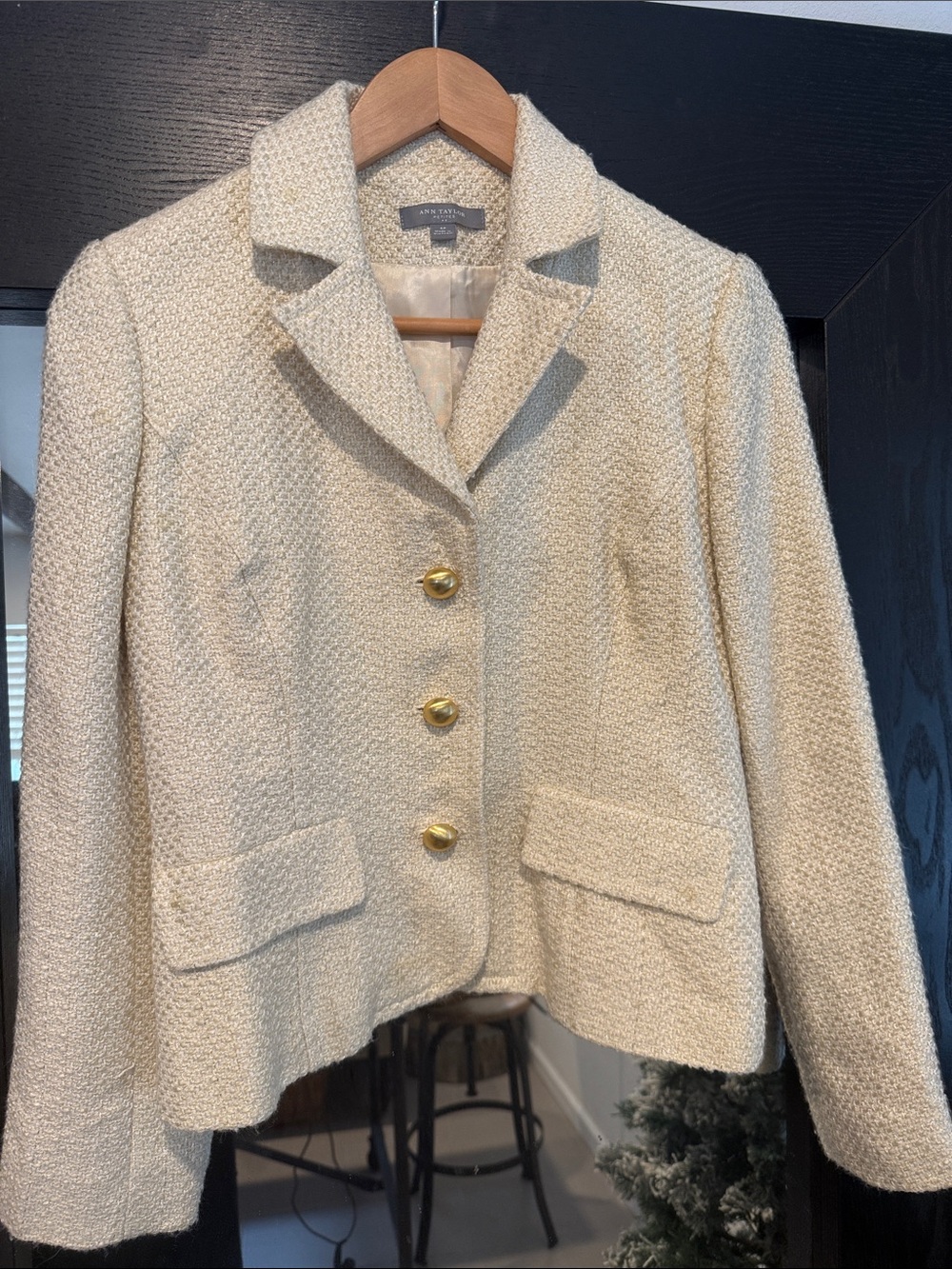 Ann Taylor Cream Textured Tweed Blazer with Gold Buttons